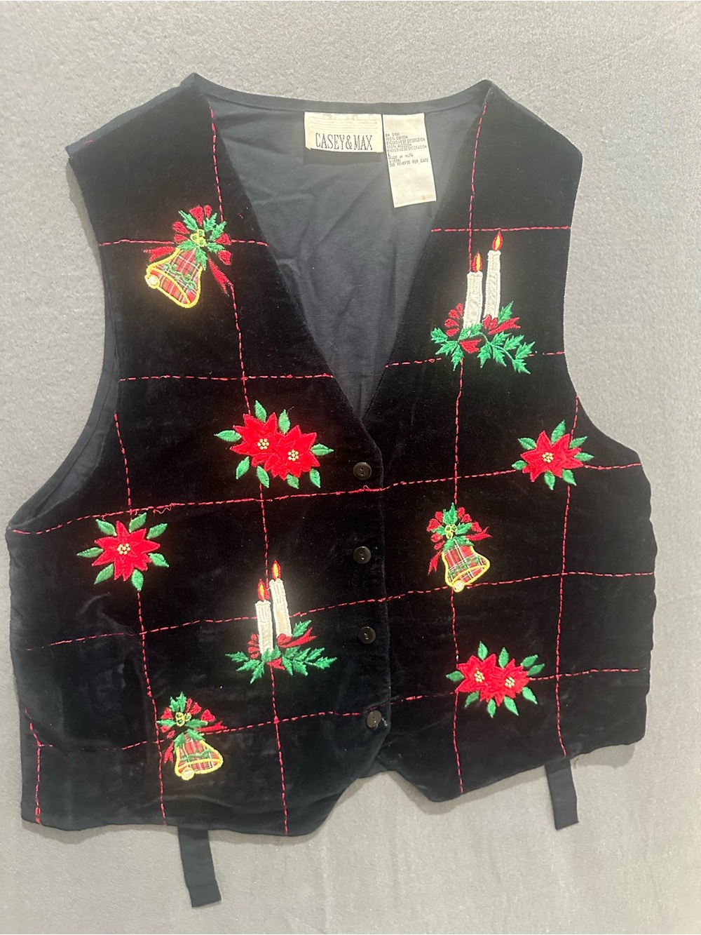 Casey & Max Black Velvet Christmas Vest Embroidered Poinsettia Bells Candles Wom